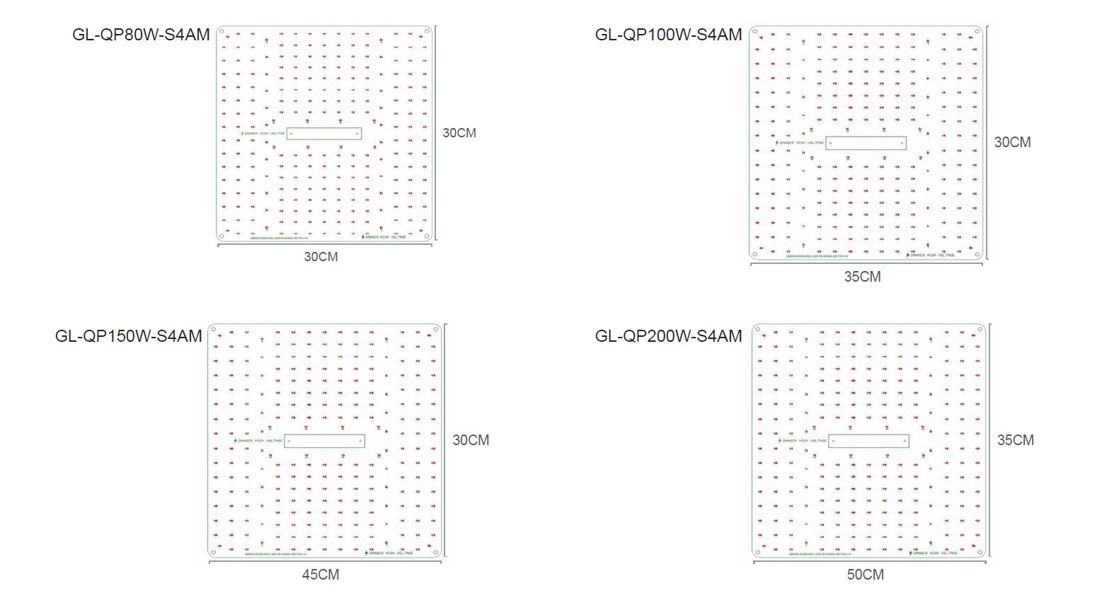 Dimension of QP full spectrum 80W, 120W, 150W, and 200W grow lights