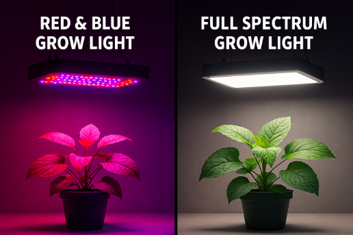 red&blue grow light VS full spectrum grow light, the light color is different