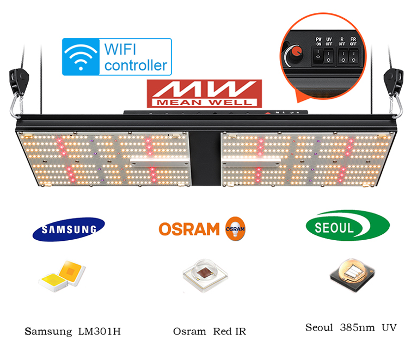 This Wi-Fi-controlled grow light is ideal for growing cultivation, using Samsung, Osram, and Seoul LEDs, with a Meanwell power supply for stability. 