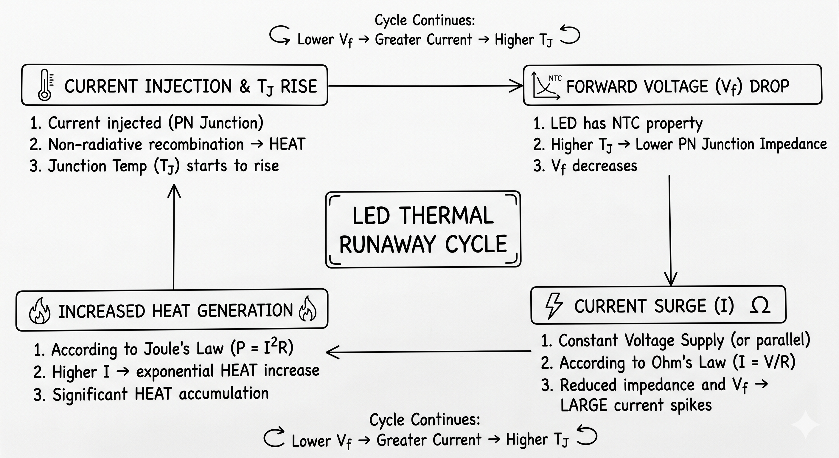 CurrentInjection&rarr;JunctionTemp(TJ)Rises&rarr;Voltage(Vf)Drops&rarr;Current(I)Surges&rarr;JouleHeating(I2R)Spikes&rarr;LoopBack.png